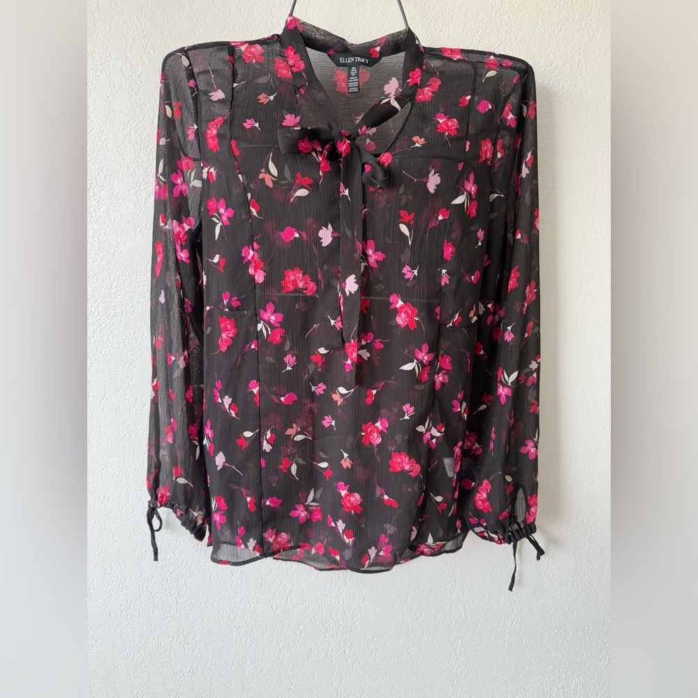Ellen Tracy Black Tie Front Long Sleeve Blouse